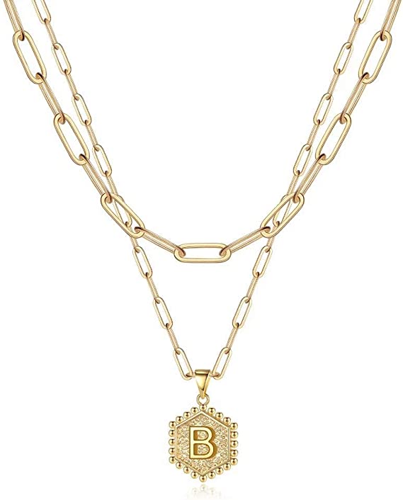JSJOY 14K Gold Plated Paperclip Chain Necklace Simple Hexagon Letter Pendant Initial Choker Necklace Gold Layered Necklaces for Women Mother's Day Layered Initial Necklaces Gift for Mom