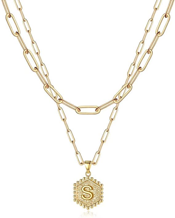 JSJOY 14K Gold Plated Paperclip Chain Necklace Simple Hexagon Letter Pendant Initial Choker Necklace Gold Layered Necklaces for Women Mother's Day Layered Initial Necklaces Gift for Mom