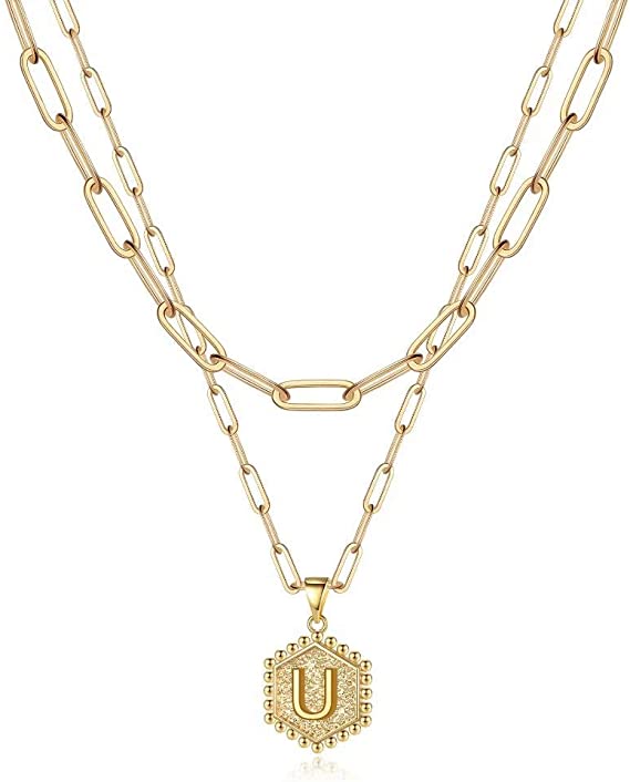JSJOY 14K Gold Plated Paperclip Chain Necklace Simple Hexagon Letter Pendant Initial Choker Necklace Gold Layered Necklaces for Women Mother's Day Layered Initial Necklaces Gift for Mom