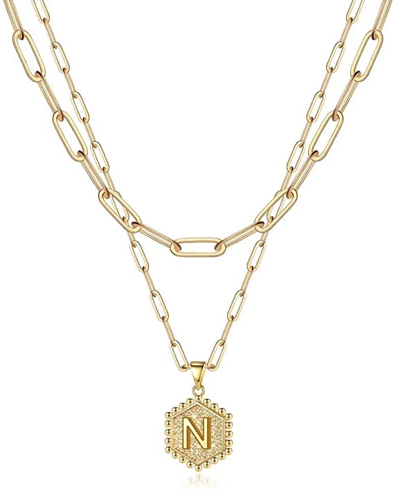 JSJOY 14K Gold Plated Paperclip Chain Necklace Simple Hexagon Letter Pendant Initial Choker Necklace Gold Layered Necklaces for Women Mother's Day Layered Initial Necklaces Gift for Mom