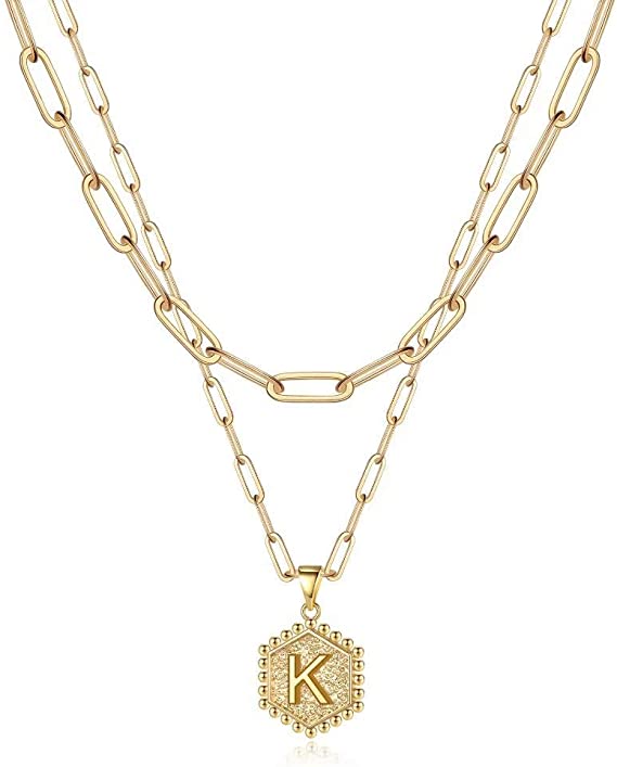 JSJOY 14K Gold Plated Paperclip Chain Necklace Simple Hexagon Letter Pendant Initial Choker Necklace Gold Layered Necklaces for Women Mother's Day Layered Initial Necklaces Gift for Mom