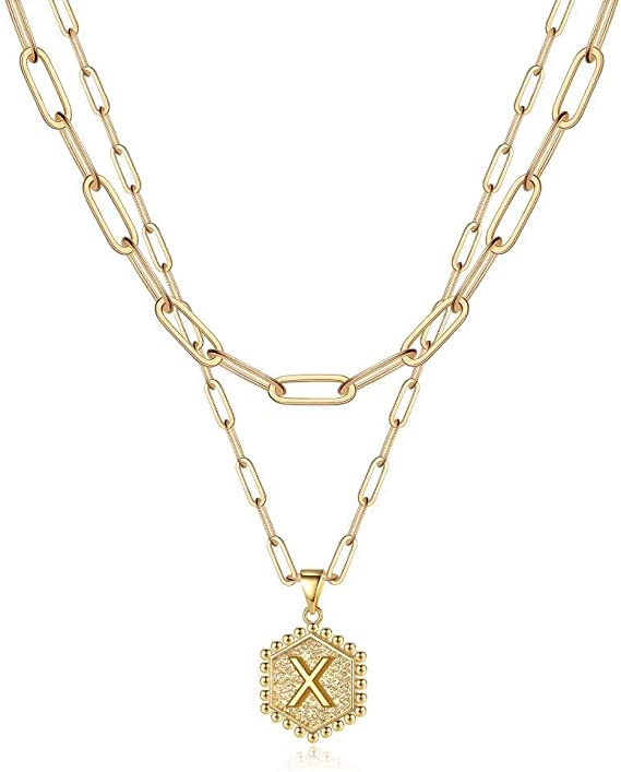 JSJOY 14K Gold Plated Paperclip Chain Necklace Simple Hexagon Letter Pendant Initial Choker Necklace Gold Layered Necklaces for Women Mother's Day Layered Initial Necklaces Gift for Mom