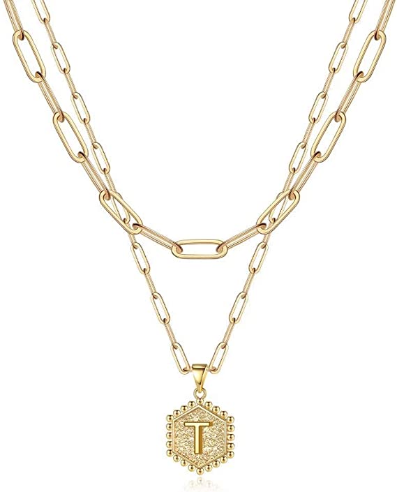 JSJOY 14K Gold Plated Paperclip Chain Necklace Simple Hexagon Letter Pendant Initial Choker Necklace Gold Layered Necklaces for Women Mother's Day Layered Initial Necklaces Gift for Mom