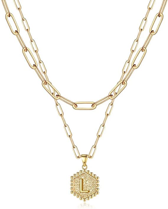 JSJOY 14K Gold Plated Paperclip Chain Necklace Simple Hexagon Letter Pendant Initial Choker Necklace Gold Layered Necklaces for Women Mother's Day Layered Initial Necklaces Gift for Mom
