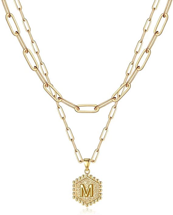 JSJOY 14K Gold Plated Paperclip Chain Necklace Simple Hexagon Letter Pendant Initial Choker Necklace Gold Layered Necklaces for Women Mother's Day Layered Initial Necklaces Gift for Mom