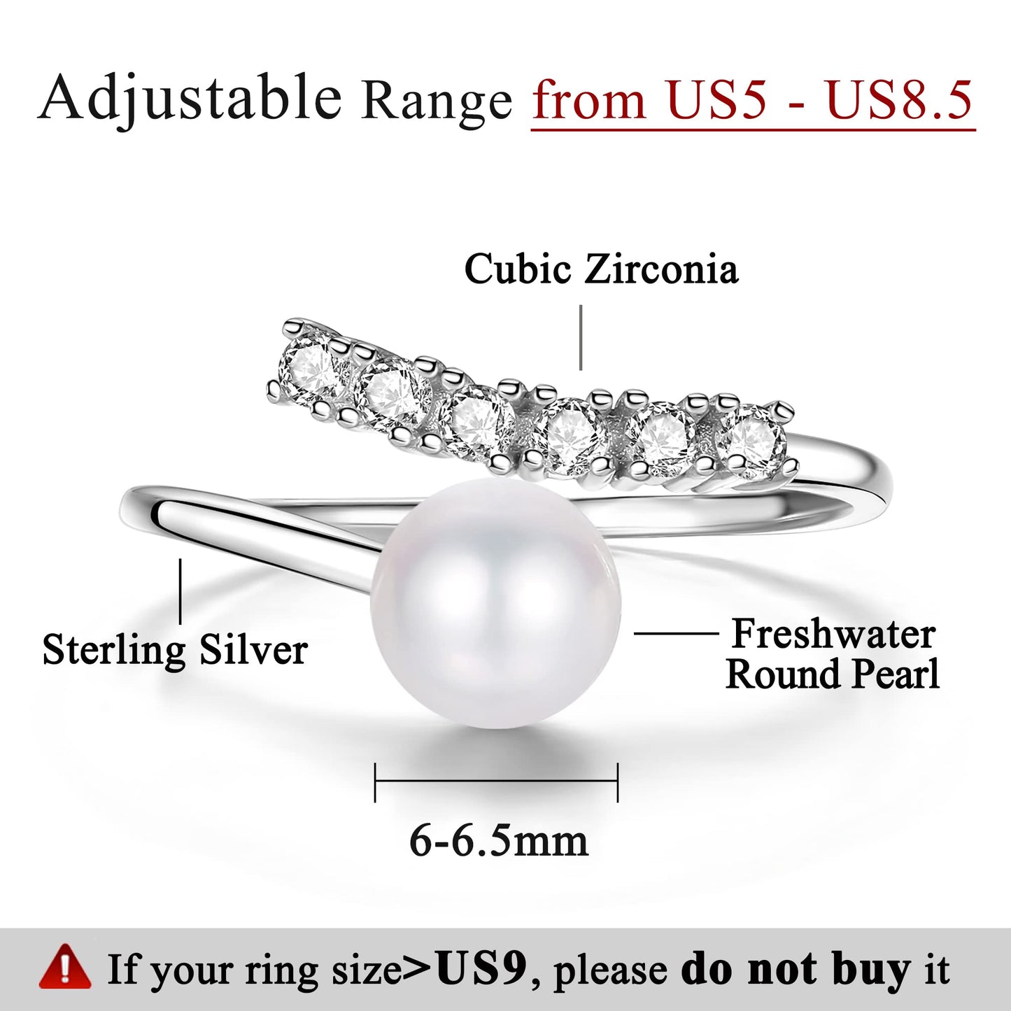 Pearl Ring Sterling Silver Rings for Women 925 Adjustable with Cubic Zirconia Open June Birthstone Rings for Teen Girls with Real Round Genuine Freshwater Cultured Stackable