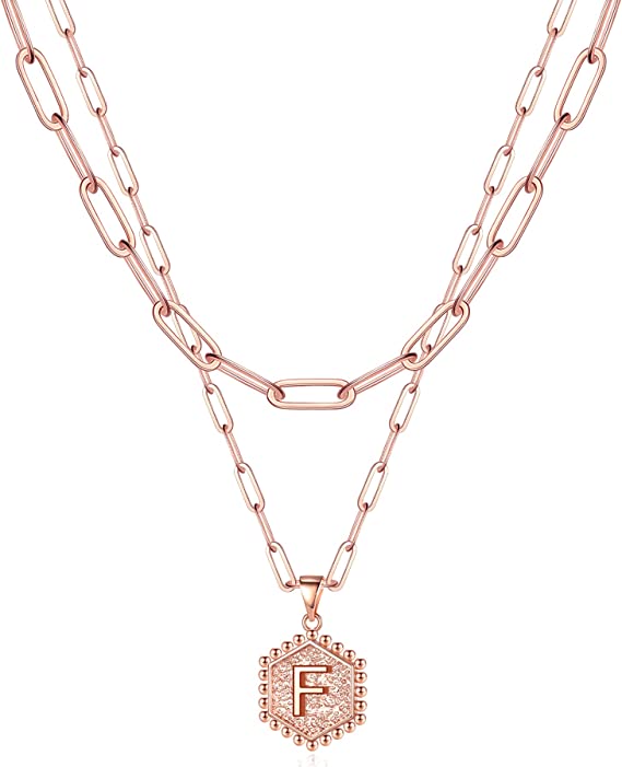 JSJOY 14K Gold Plated Paperclip Chain Necklace Simple Hexagon Letter Pendant Initial Choker Necklace Gold Layered Necklaces for Women Mother's Day Layered Initial Necklaces Gift for Mom
