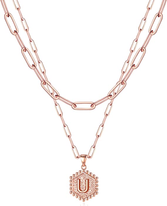 JSJOY 14K Gold Plated Paperclip Chain Necklace Simple Hexagon Letter Pendant Initial Choker Necklace Gold Layered Necklaces for Women Mother's Day Layered Initial Necklaces Gift for Mom