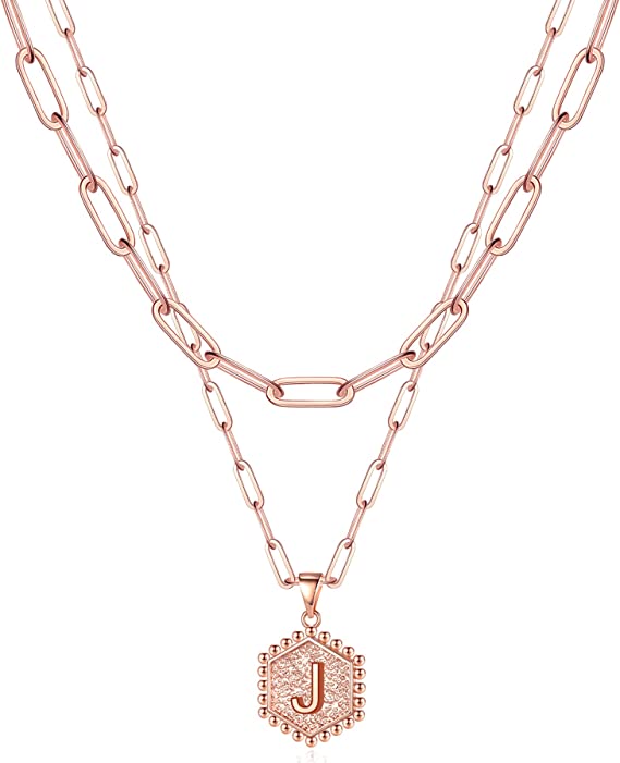 JSJOY 14K Gold Plated Paperclip Chain Necklace Simple Hexagon Letter Pendant Initial Choker Necklace Gold Layered Necklaces for Women Mother's Day Layered Initial Necklaces Gift for Mom