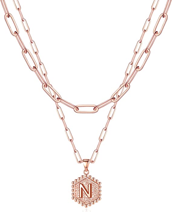 JSJOY 14K Gold Plated Paperclip Chain Necklace Simple Hexagon Letter Pendant Initial Choker Necklace Gold Layered Necklaces for Women Mother's Day Layered Initial Necklaces Gift for Mom