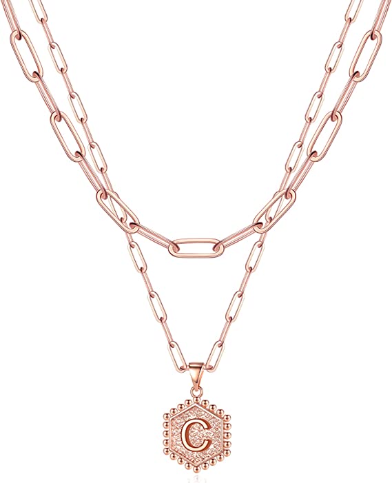 JSJOY 14K Gold Plated Paperclip Chain Necklace Simple Hexagon Letter Pendant Initial Choker Necklace Gold Layered Necklaces for Women Mother's Day Layered Initial Necklaces Gift for Mom