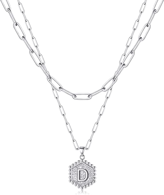 JSJOY 14K Gold Plated Paperclip Chain Necklace Simple Hexagon Letter Pendant Initial Choker Necklace Gold Layered Necklaces for Women Mother's Day Layered Initial Necklaces Gift for Mom
