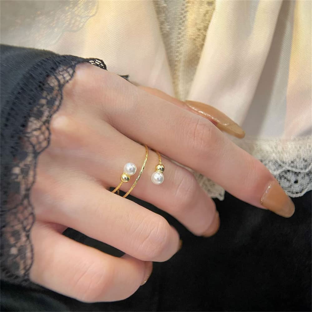 Ring 925 Sterling Silver 14K Gold Plated Pearl Adjustable Open Stacking Statement Wedding Finger Rings for Women Girls Fashion Layered Comfort Fit Valentine Jewelry Gift for Girlfriend Wife Gift