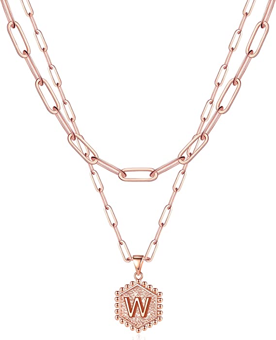 JSJOY 14K Gold Plated Paperclip Chain Necklace Simple Hexagon Letter Pendant Initial Choker Necklace Gold Layered Necklaces for Women Mother's Day Layered Initial Necklaces Gift for Mom
