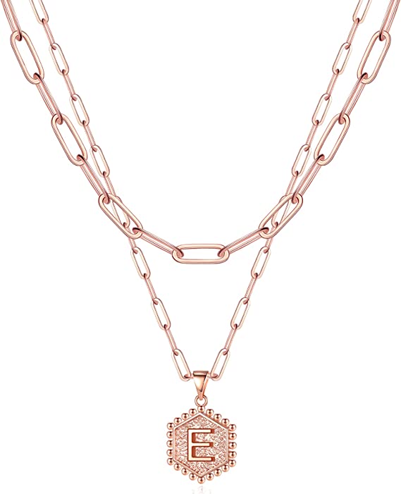 JSJOY 14K Gold Plated Paperclip Chain Necklace Simple Hexagon Letter Pendant Initial Choker Necklace Gold Layered Necklaces for Women Mother's Day Layered Initial Necklaces Gift for Mom