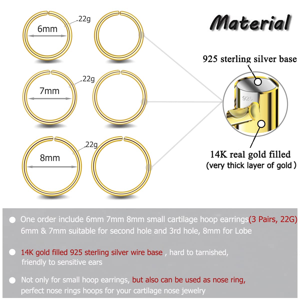 JSJOY 3 Pairs 14K Gold Filled Sterling Silver Small Hoop Earrings for Women Tiny Cartilage Hoop Earring Helix Tragus Piercing Jewelry 22G Nose Rings Hoops for Girls