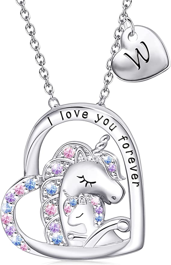JSJOY Unicorn Gifts for Girls, Initial Necklaces for Women Girls 18K Gold/White Gold Plated Rainbow Unicorn Necklace for Teen Girls Heart Pendant Letter A-Z Unicorn Teen Girl Gifts Mom Daughter Gifts