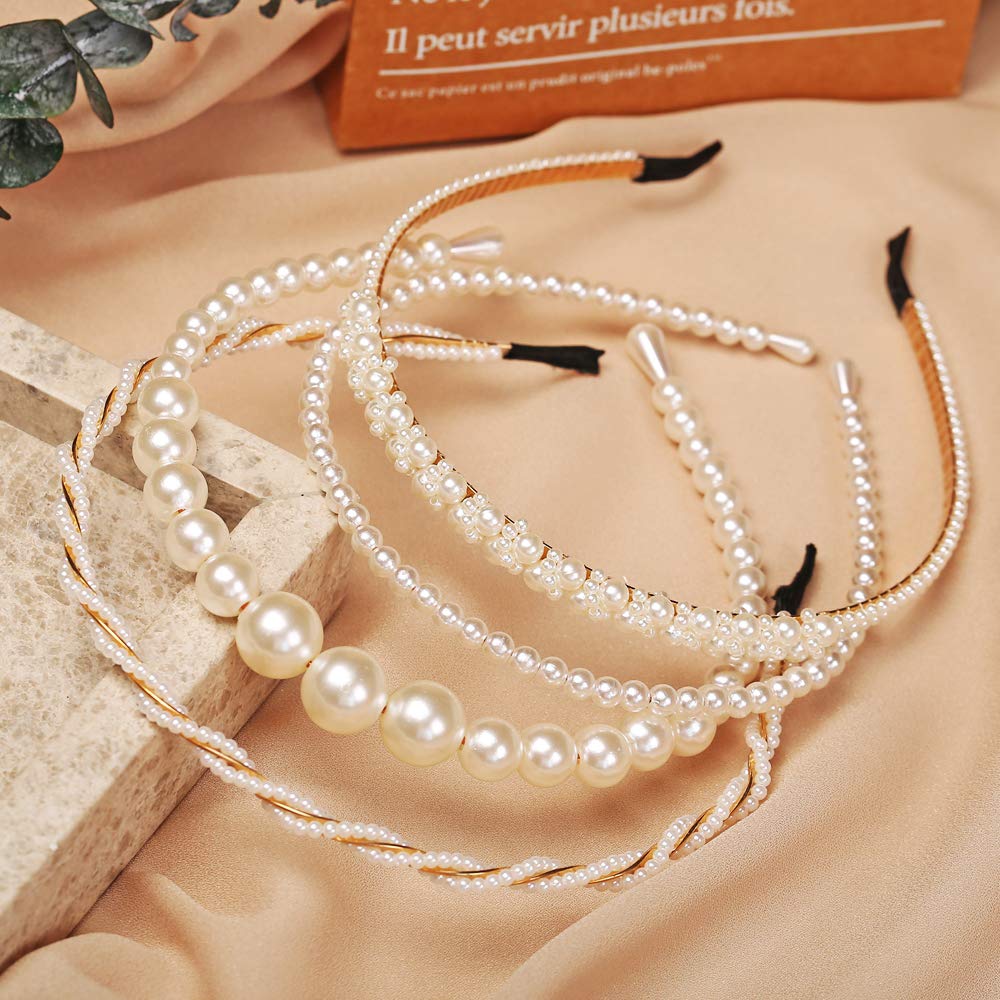 Pearl Fashion Headbands 4 Pack White Artificial Pearl Rhinestones Hairbands Bridal Hair Hoop Party Wedding Hair Accessories for Women Girls