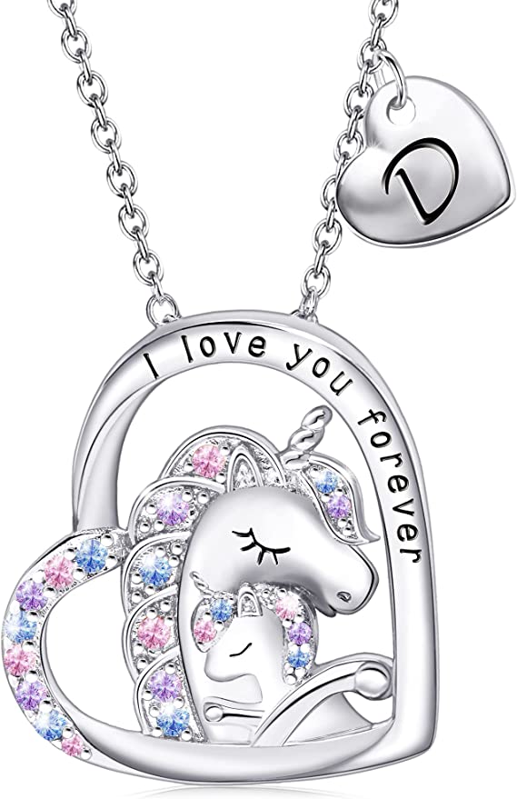 JSJOY Unicorn Gifts for Girls, Initial Necklaces for Women Girls 18K Gold/White Gold Plated Rainbow Unicorn Necklace for Teen Girls Heart Pendant Letter A-Z Unicorn Teen Girl Gifts Mom Daughter Gifts