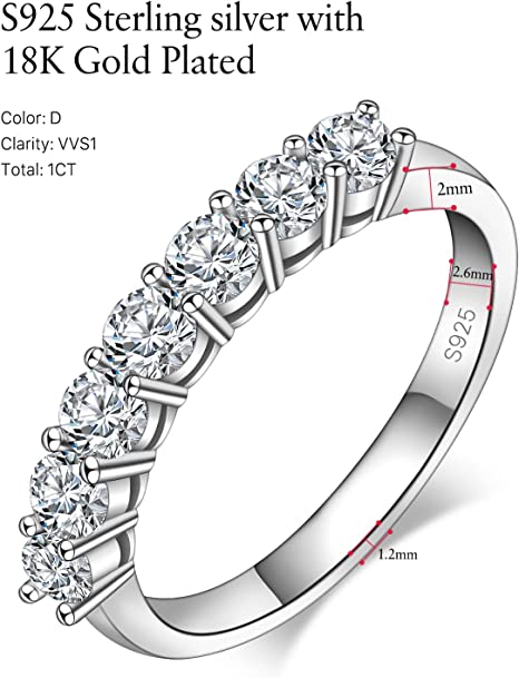 JSJOY FashionHalf Eternity Ring for Women, S925 Moissanite Stackable Engagement Ring, Promise Wedding Bands Sterling Silver Ring, Clarity Unisex Diamond Simulated Anniversary Rings