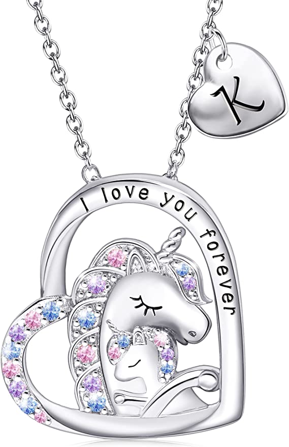 JSJOY Unicorn Gifts for Girls, Initial Necklaces for Women Girls 18K Gold/White Gold Plated Rainbow Unicorn Necklace for Teen Girls Heart Pendant Letter A-Z Unicorn Teen Girl Gifts Mom Daughter Gifts