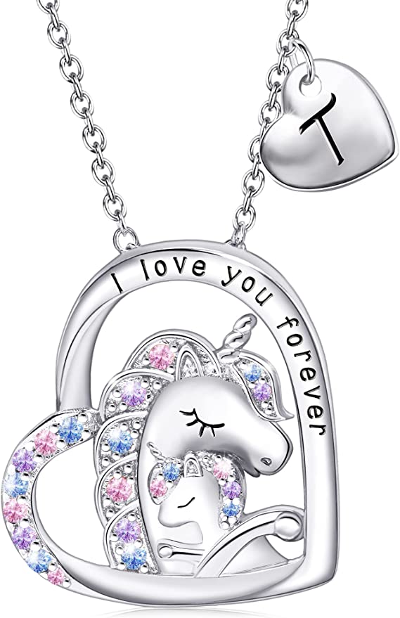 JSJOY Unicorn Gifts for Girls, Initial Necklaces for Women Girls 18K Gold/White Gold Plated Rainbow Unicorn Necklace for Teen Girls Heart Pendant Letter A-Z Unicorn Teen Girl Gifts Mom Daughter Gifts