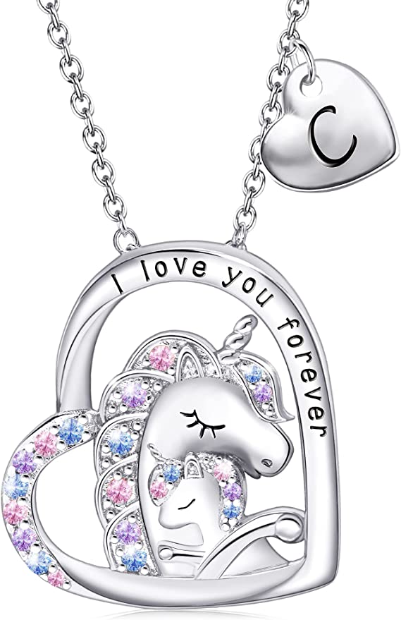 JSJOY Unicorn Gifts for Girls, Initial Necklaces for Women Girls 18K Gold/White Gold Plated Rainbow Unicorn Necklace for Teen Girls Heart Pendant Letter A-Z Unicorn Teen Girl Gifts Mom Daughter Gifts