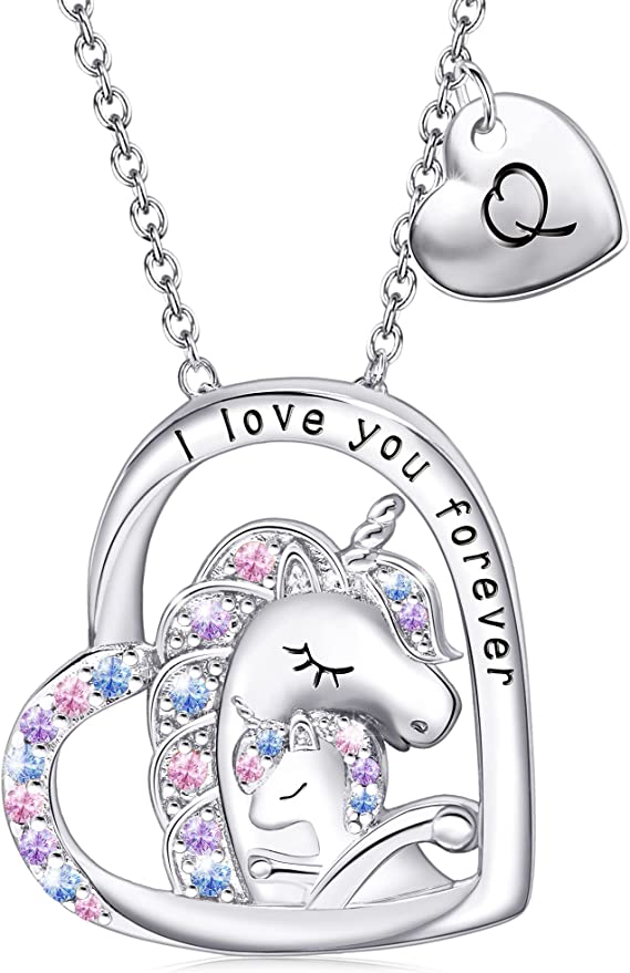 JSJOY Unicorn Gifts for Girls, Initial Necklaces for Women Girls 18K Gold/White Gold Plated Rainbow Unicorn Necklace for Teen Girls Heart Pendant Letter A-Z Unicorn Teen Girl Gifts Mom Daughter Gifts