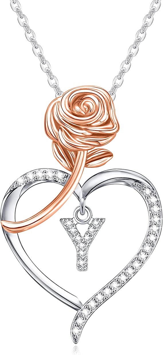 JSJOY Rose Heart Initial Necklaces for Women Girls A-Z Letter Pendant with Cubic Zirconia Mothers Day Graduation Birthday Gifts
