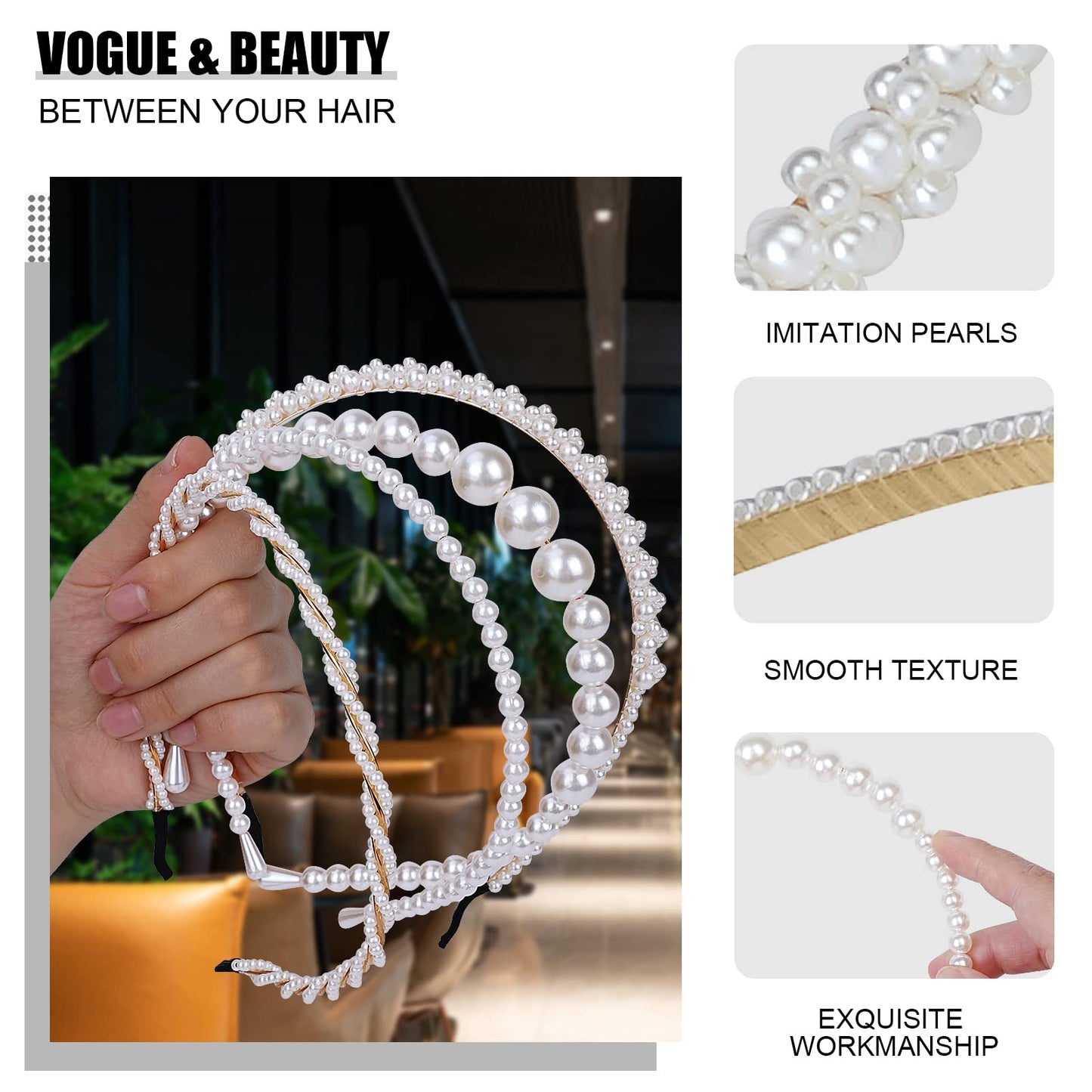Pearl Fashion Headbands 4 Pack White Artificial Pearl Rhinestones Hairbands Bridal Hair Hoop Party Wedding Hair Accessories for Women Girls