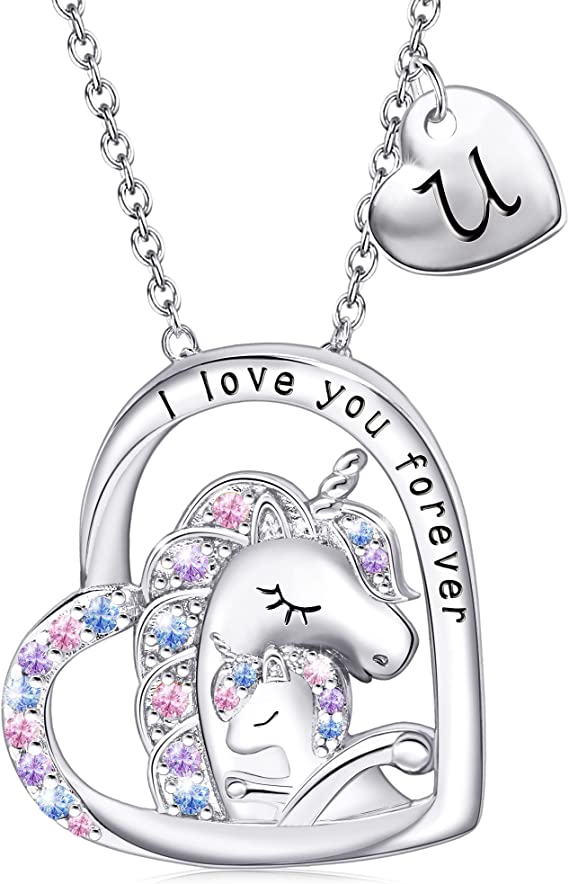 JSJOY Unicorn Gifts for Girls, Initial Necklaces for Women Girls 18K Gold/White Gold Plated Rainbow Unicorn Necklace for Teen Girls Heart Pendant Letter A-Z Unicorn Teen Girl Gifts Mom Daughter Gifts