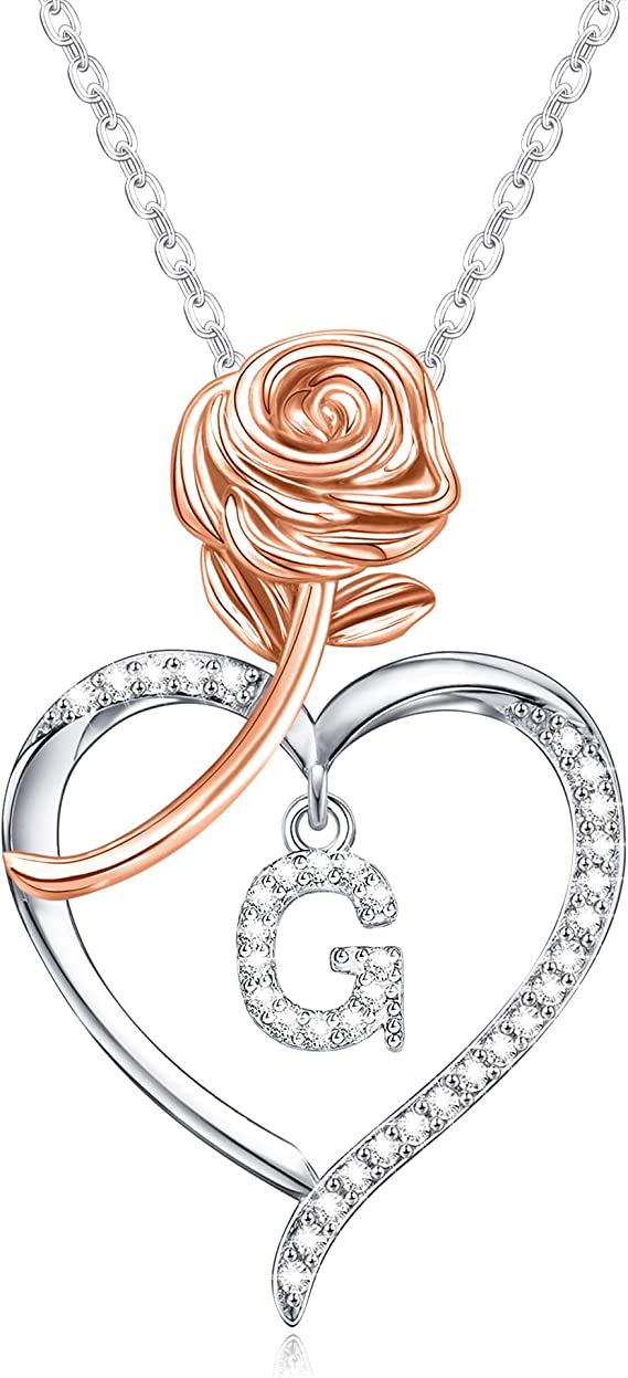 JSJOY Rose Heart Initial Necklaces for Women Girls A-Z Letter Pendant with Cubic Zirconia Mothers Day Graduation Birthday Gifts