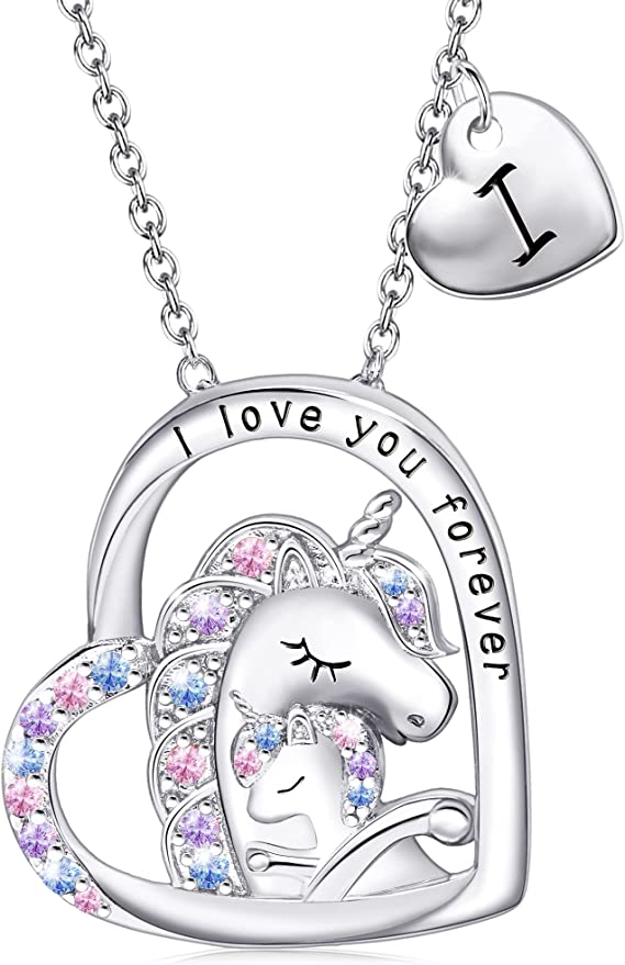 JSJOY Unicorn Gifts for Girls, Initial Necklaces for Women Girls 18K Gold/White Gold Plated Rainbow Unicorn Necklace for Teen Girls Heart Pendant Letter A-Z Unicorn Teen Girl Gifts Mom Daughter Gifts