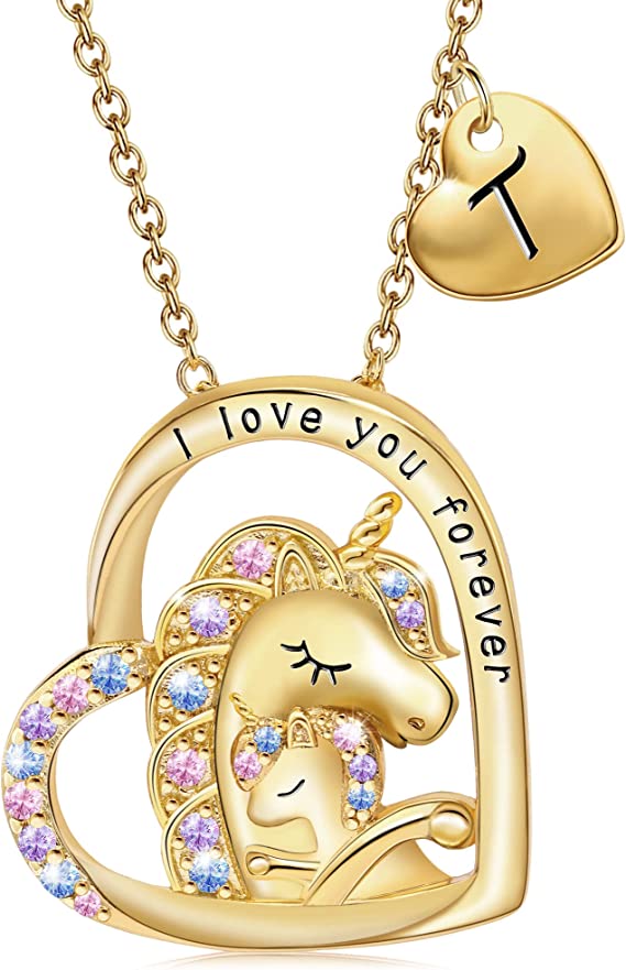 JSJOY Unicorn Gifts for Girls, Initial Necklaces for Women Girls 18K Gold/White Gold Plated Rainbow Unicorn Necklace for Teen Girls Heart Pendant Letter A-Z Unicorn Teen Girl Gifts Mom Daughter Gifts