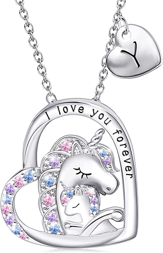 JSJOY Unicorn Gifts for Girls, Initial Necklaces for Women Girls 18K Gold/White Gold Plated Rainbow Unicorn Necklace for Teen Girls Heart Pendant Letter A-Z Unicorn Teen Girl Gifts Mom Daughter Gifts