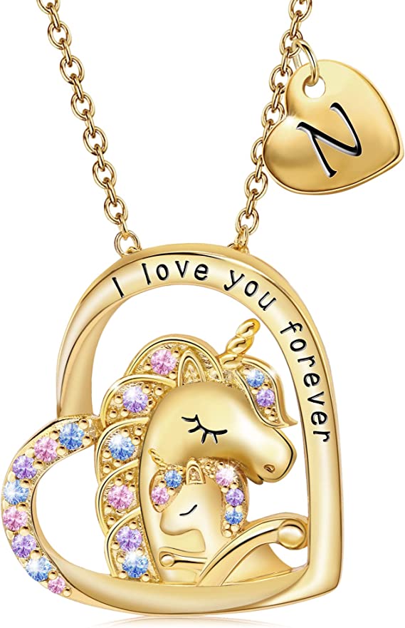 JSJOY Unicorn Gifts for Girls, Initial Necklaces for Women Girls 18K Gold/White Gold Plated Rainbow Unicorn Necklace for Teen Girls Heart Pendant Letter A-Z Unicorn Teen Girl Gifts Mom Daughter Gifts