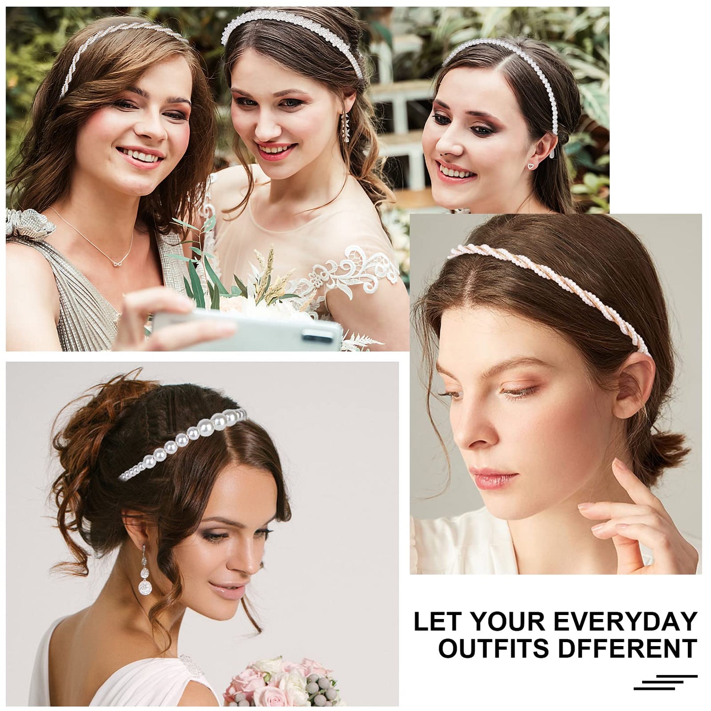 Pearl Fashion Headbands 4 Pack White Artificial Pearl Rhinestones Hairbands Bridal Hair Hoop Party Wedding Hair Accessories for Women Girls