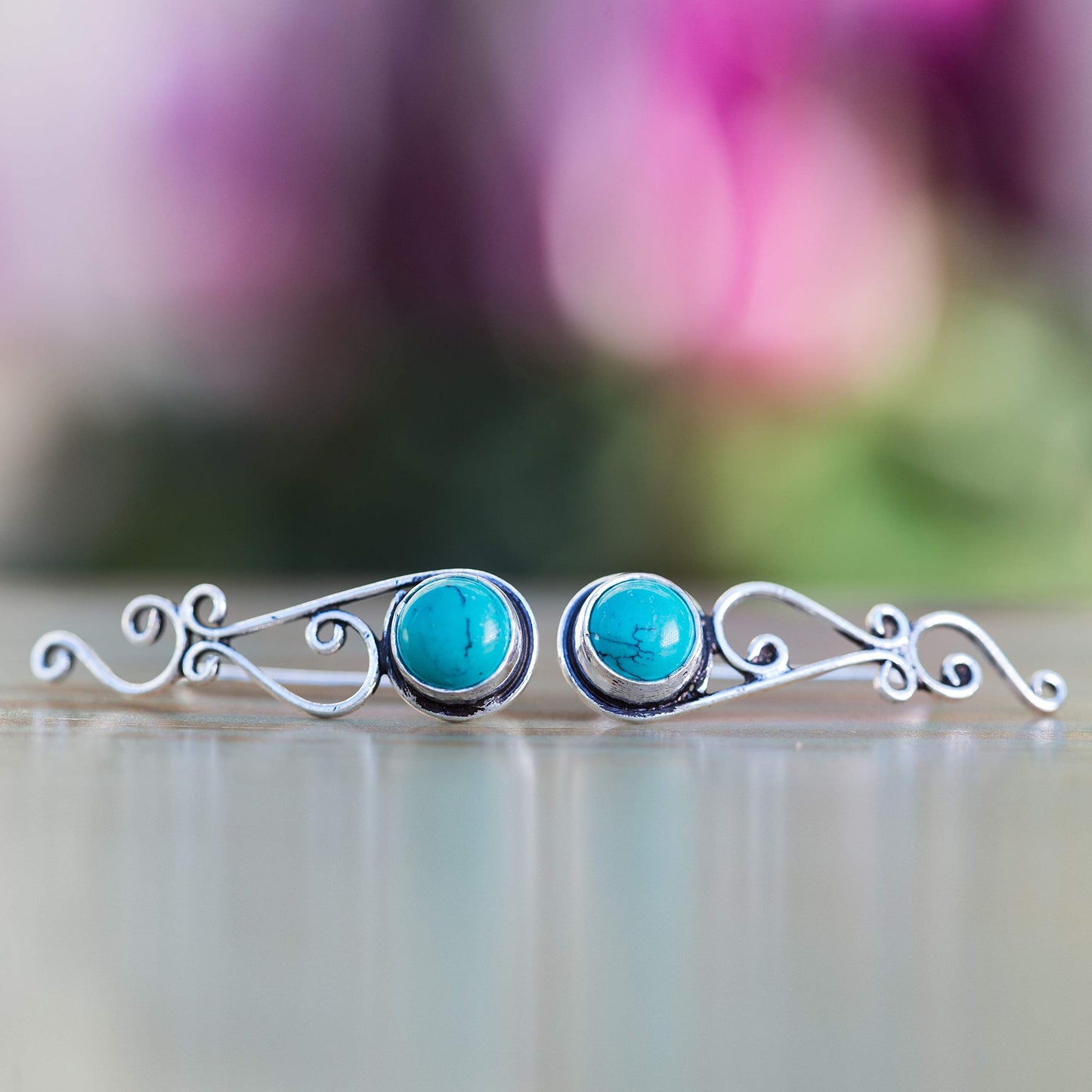 Turquoise Ear Climbers Silver Crawlers Earrings Pair of Celtic Knots Ear Crawlers Light Blue Sweep Bohemian Ethnic Tribal Jewelry for Women Turquoise Ear Crawlers