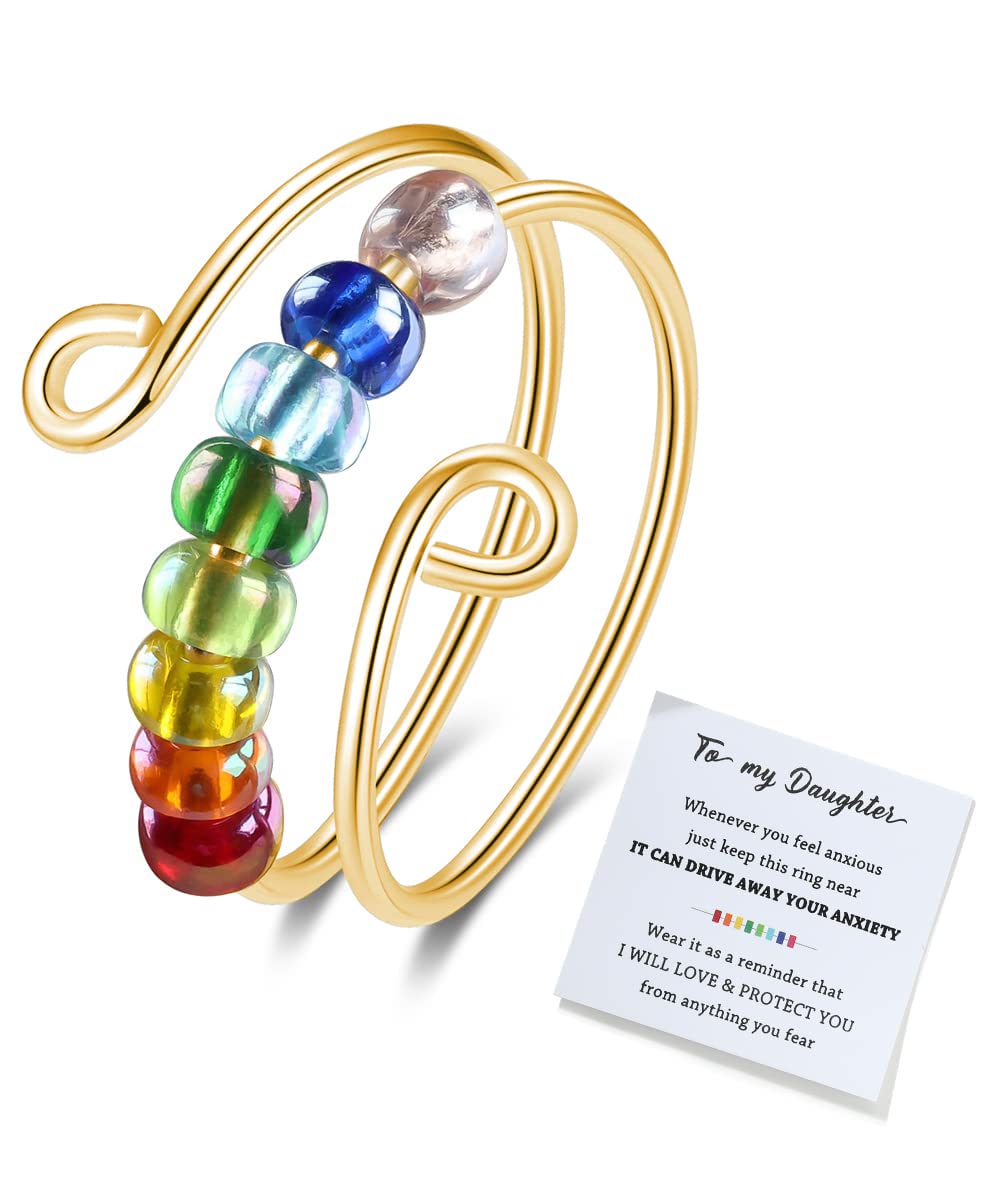 To My Daughter Fidget Ring for Anxiety Adjustable Stacking RING Fidget Rings for Anxiety for Women Anxiety Relief Rainbow Fidget Ring Jewelry Gifts