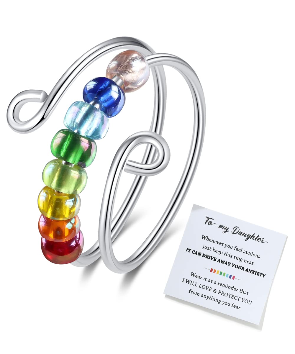 To My Daughter Fidget Ring for Anxiety Adjustable Stacking RING Fidget Rings for Anxiety for Women Anxiety Relief Rainbow Fidget Ring Jewelry Gifts