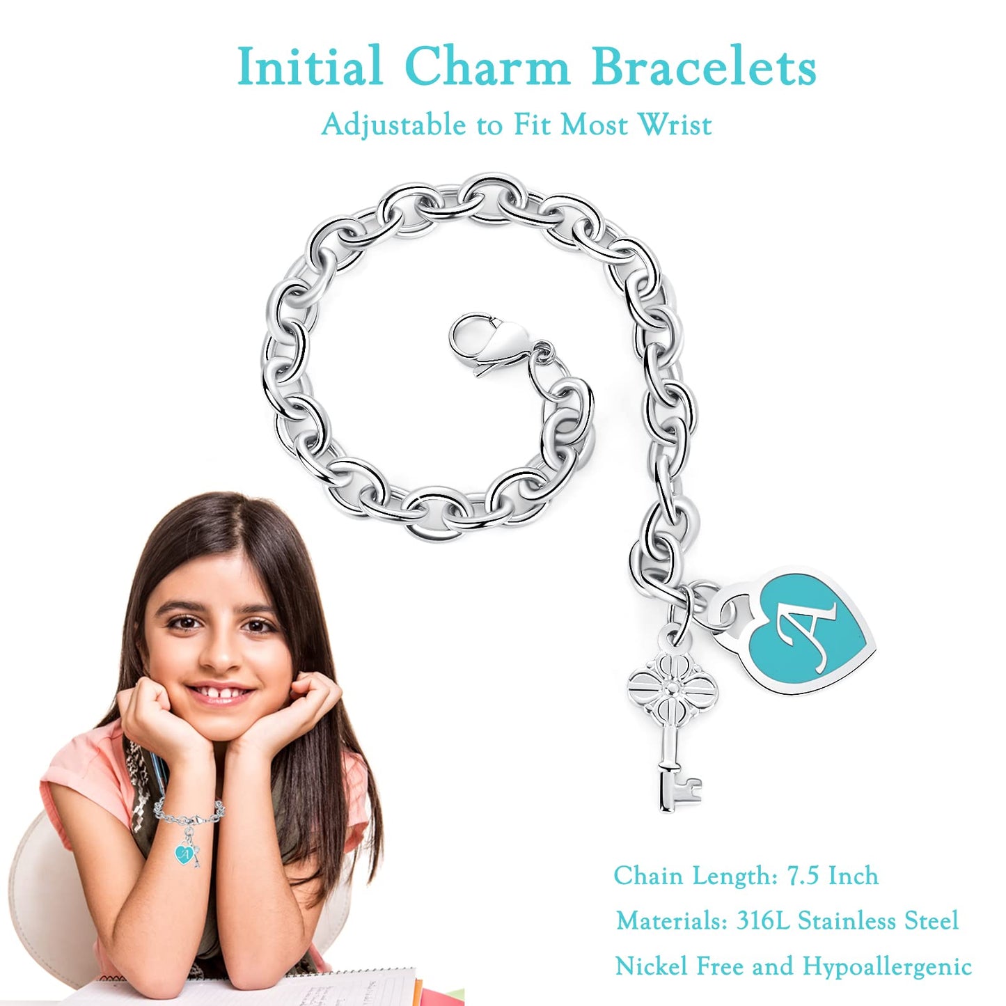 26 Letters Heart Bracelet Initial Charm Bracelets for Teen Girls Women - Stainless Steel Jewelry Birthday Valentines day Christmas Gifts for Teenage Girls Women