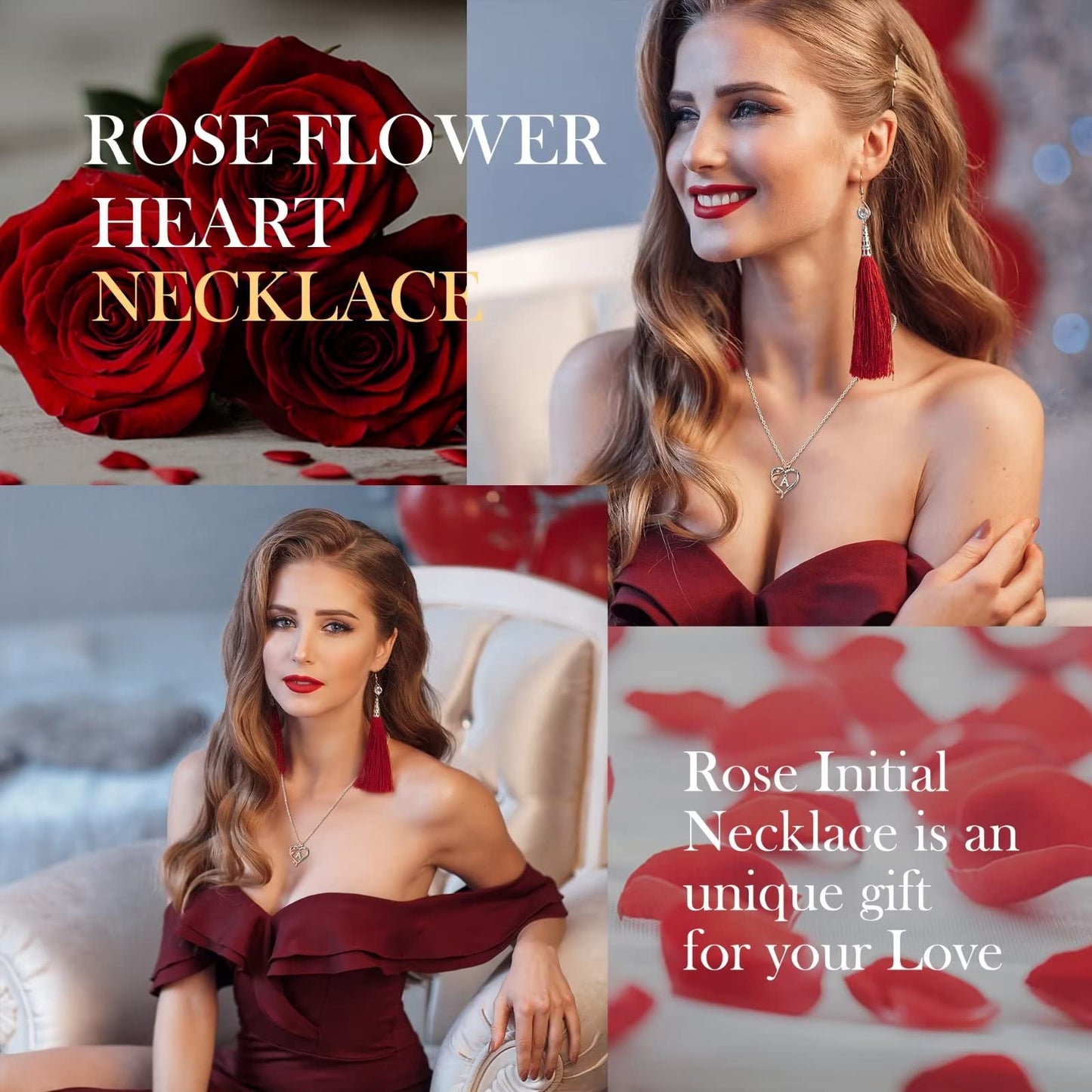 JSJOY Rose Heart Initial Necklaces Gifts for Women Teen Girls, Rose Love Heart Letter Pendant Necklace Jewelry Mothers Day Valentines Anniversary Birthday Gifts for Her Women Wife Girlfriend Mom