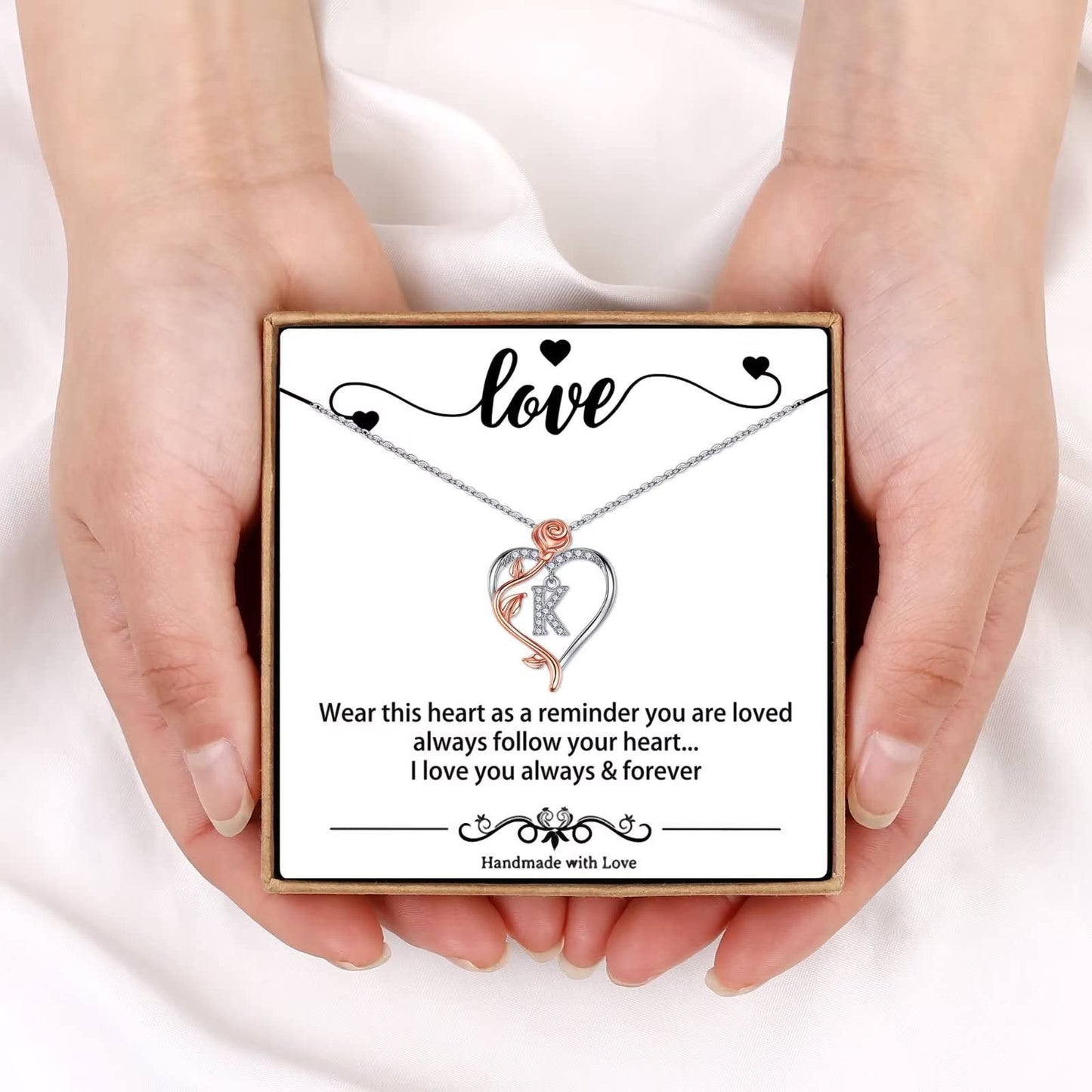 JSJOY Rose Heart Initial Necklaces Gifts for Women Teen Girls, Rose Love Heart Letter Pendant Necklace Jewelry Mothers Day Valentines Anniversary Birthday Gifts for Her Women Wife Girlfriend Mom