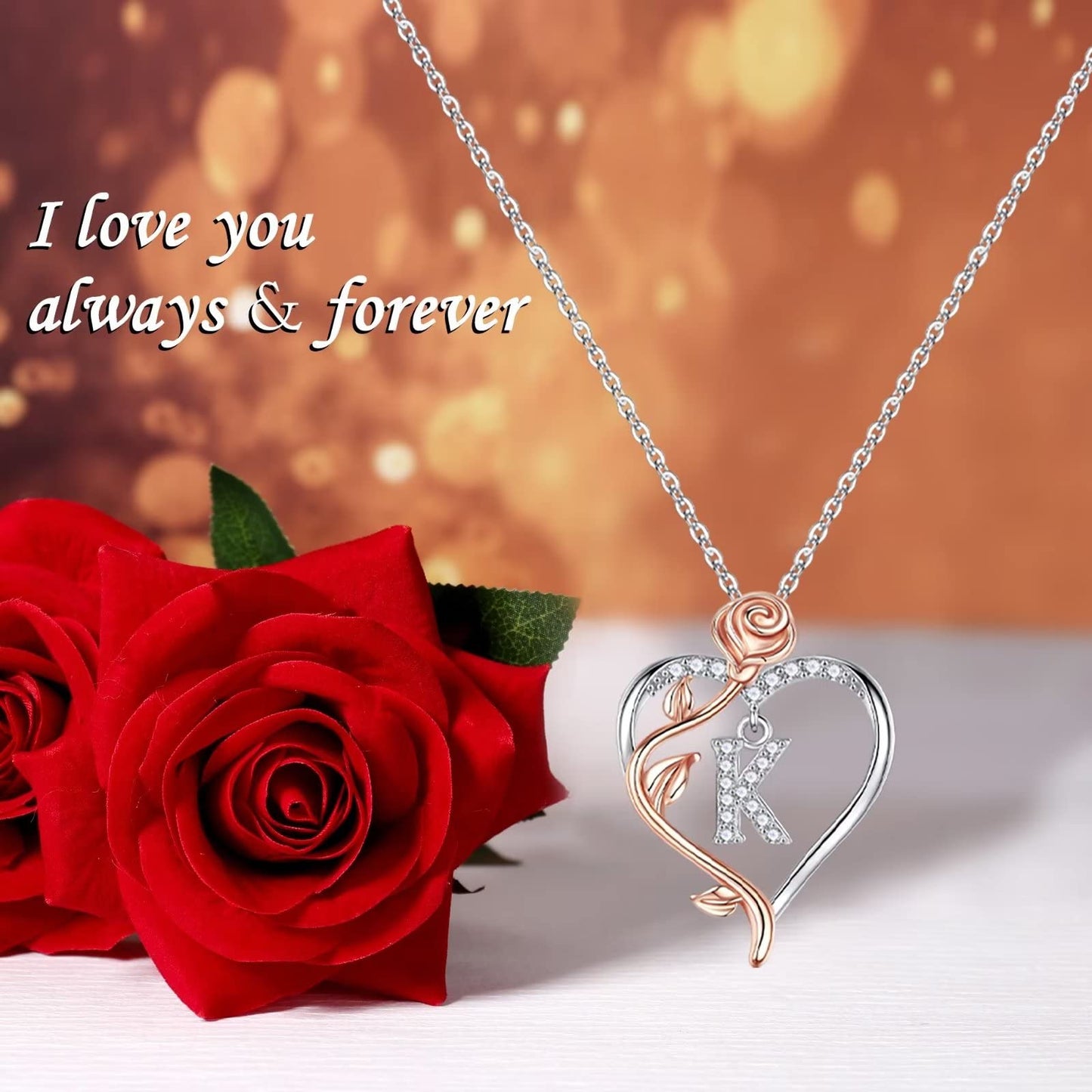 JSJOY Rose Heart Initial Necklaces Gifts for Women Teen Girls, Rose Love Heart Letter Pendant Necklace Jewelry Mothers Day Valentines Anniversary Birthday Gifts for Her Women Wife Girlfriend Mom