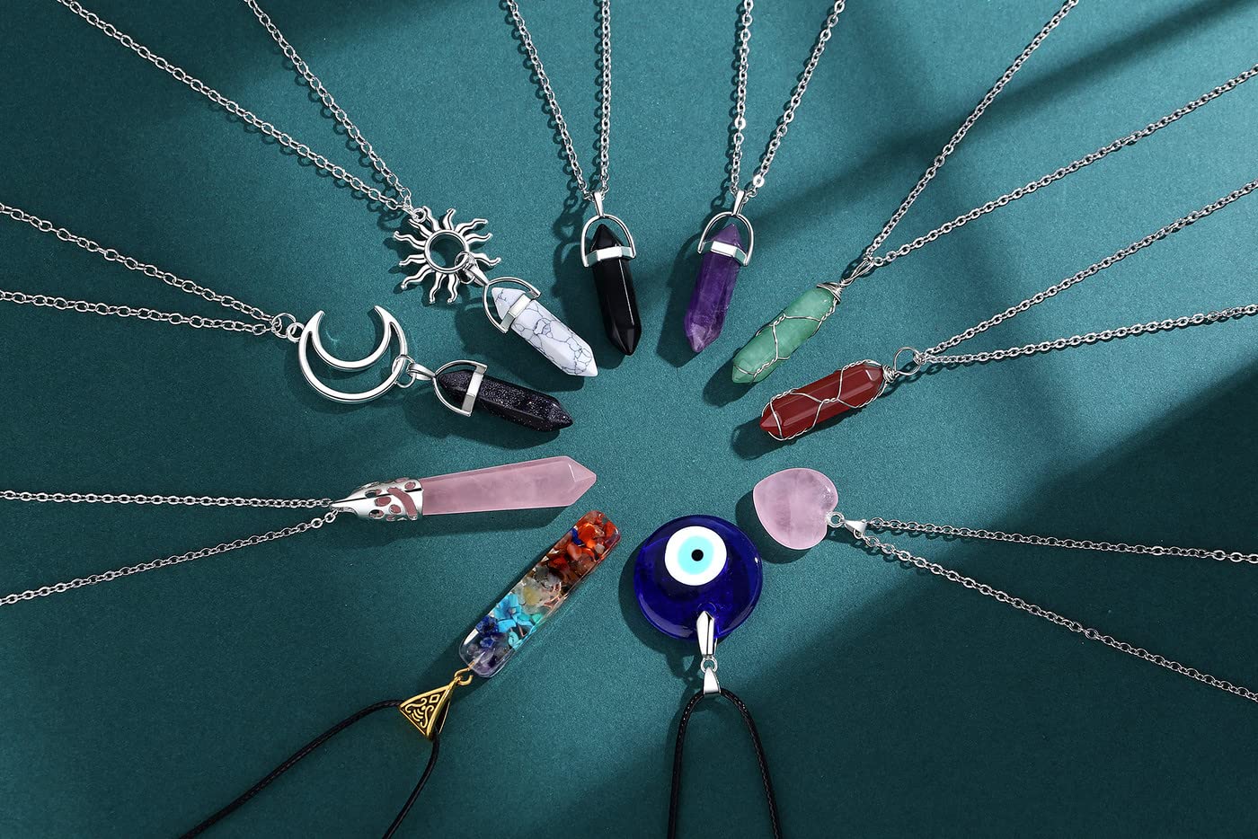 JSJOY 10 Pcs Crystal Necklace Healing Amethyst Crystals Carnelian Chakra Necklaces Evil Eye Necklace Vintage Hippie Wiccan Boho Rose Quartz Obsidian Moon Sun Jewelry Heart Gemstone Aventurine Turquoise Pendant for Women Wholesale
