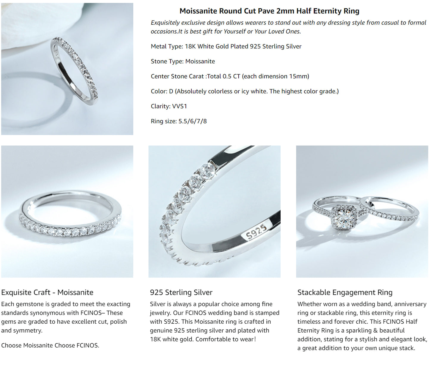 JSJOY FashionHalf Eternity Ring for Women, S925 Moissanite Stackable Engagement Ring, Promise Wedding Bands Sterling Silver Ring, Clarity Unisex Diamond Simulated Anniversary Rings