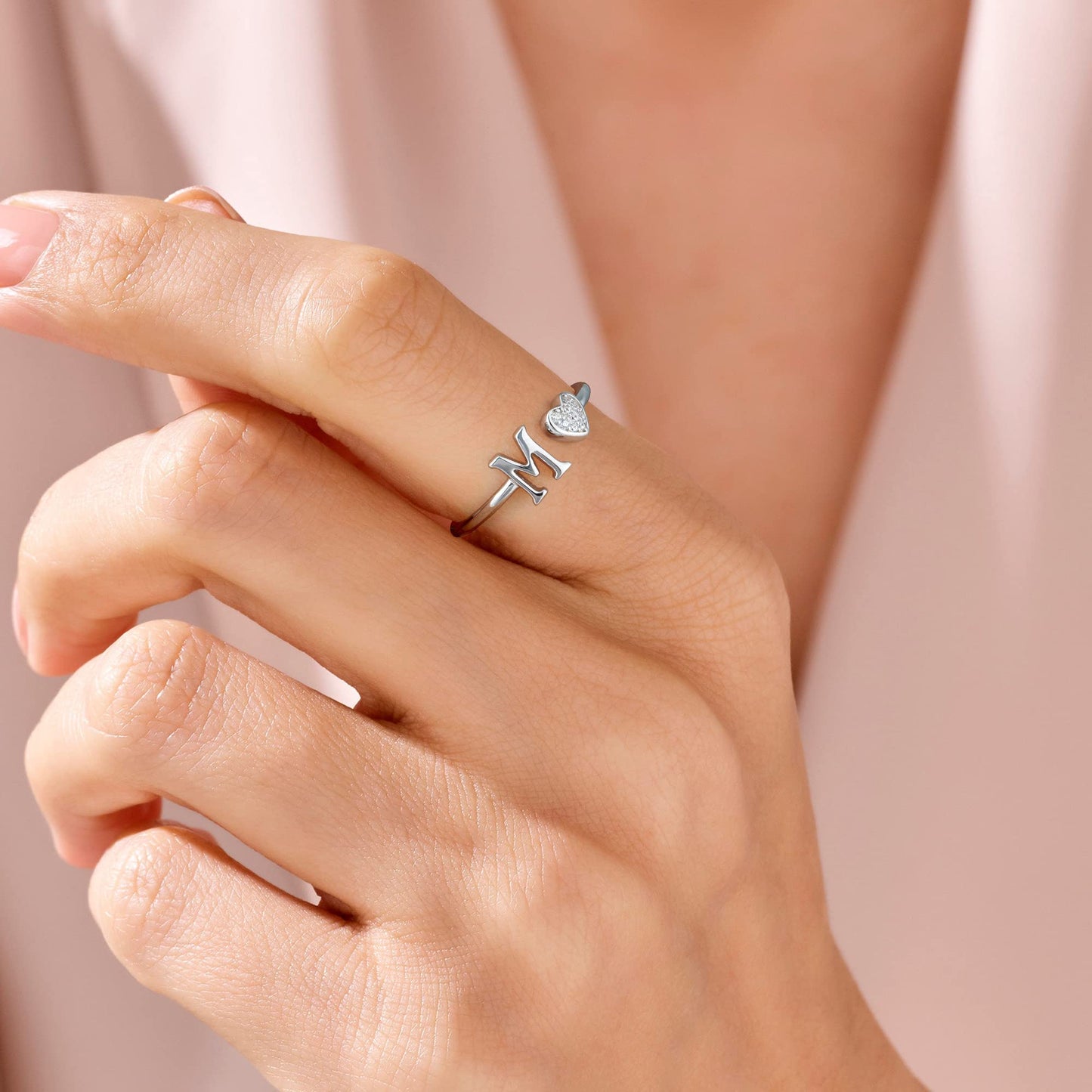 JSJOY FashionS925 Sterling Silver Initial Rings for Teen Girls Women Adjustable Initial Rings for Women Heart Rings Silver Rings for Girls Stackable Alphabet Letter Rings for Teen Girls Women Gifts
