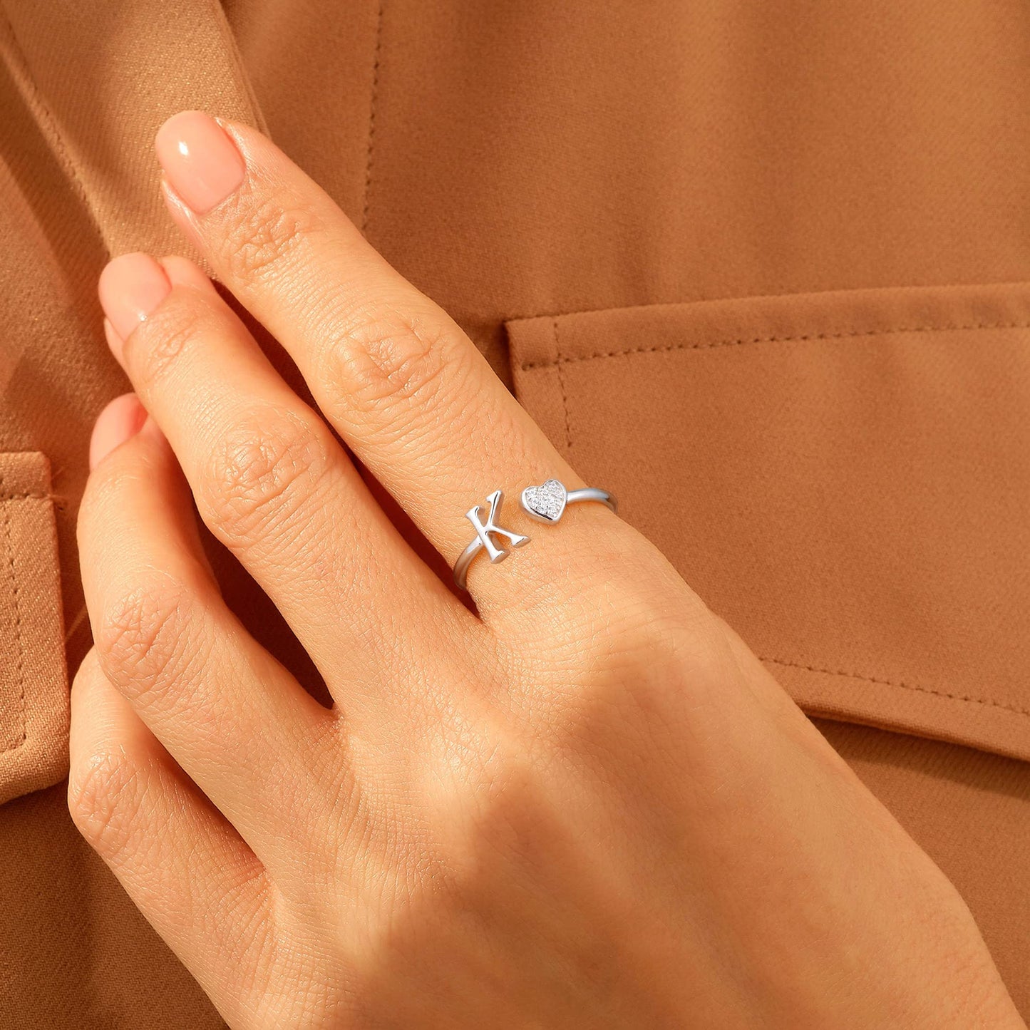 JSJOY FashionS925 Sterling Silver Initial Rings for Teen Girls Women Adjustable Initial Rings for Women Heart Rings Silver Rings for Girls Stackable Alphabet Letter Rings for Teen Girls Women Gifts
