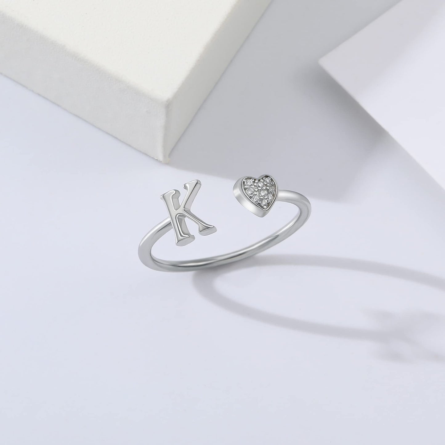 JSJOY FashionS925 Sterling Silver Initial Rings for Teen Girls Women Adjustable Initial Rings for Women Heart Rings Silver Rings for Girls Stackable Alphabet Letter Rings for Teen Girls Women Gifts