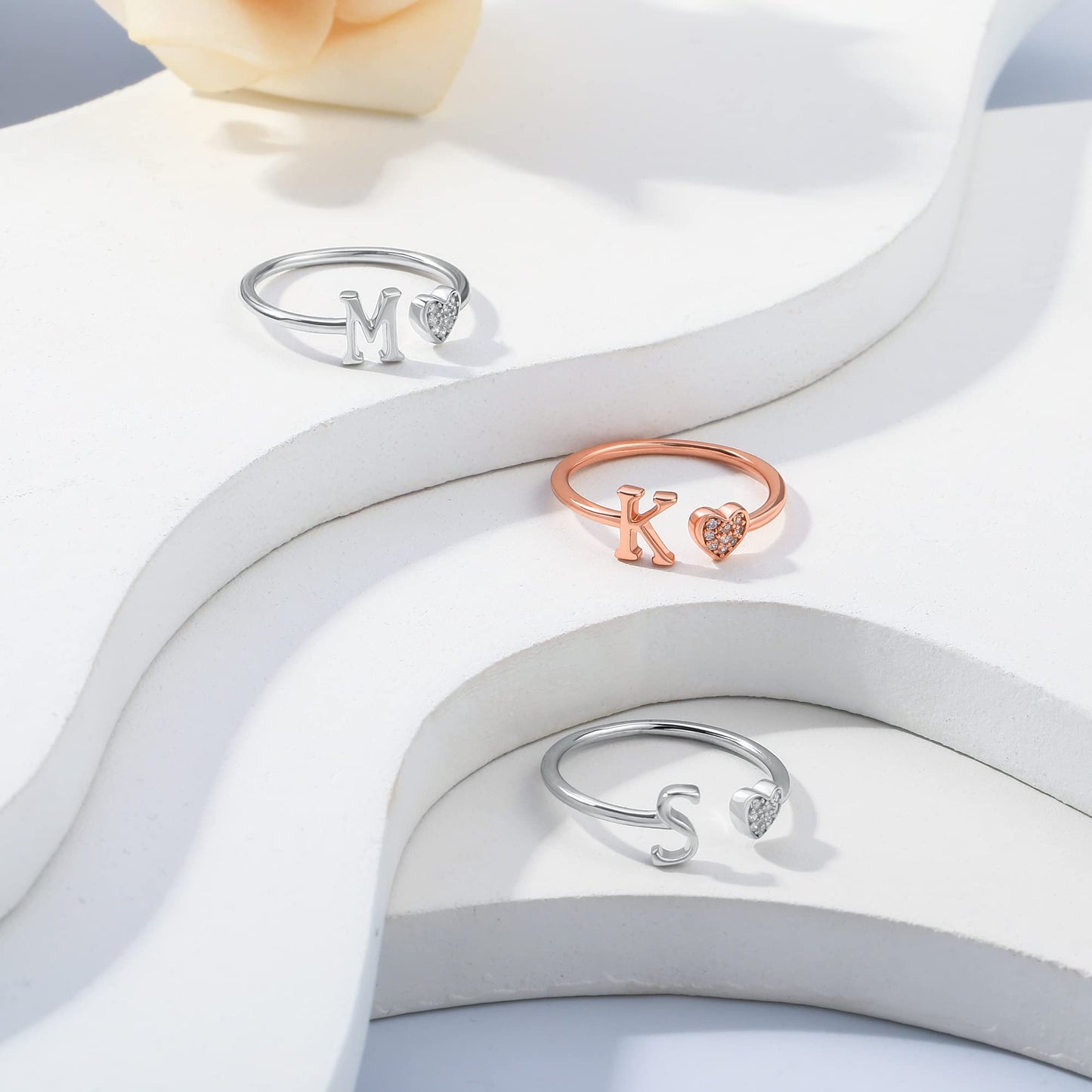 JSJOY FashionS925 Sterling Silver Initial Rings for Teen Girls Women Adjustable Initial Rings for Women Heart Rings Silver Rings for Girls Stackable Alphabet Letter Rings for Teen Girls Women Gifts